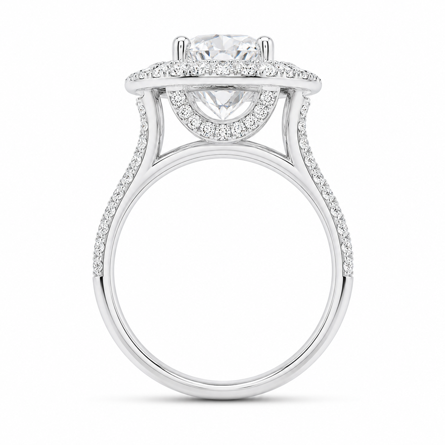 4.00 CT Round Cut Lab-Grown Diamond Double Halo Engagement Ring Set in 14K White Gold – Cushion Halo Bridal Design with Double Half Eternity Bands