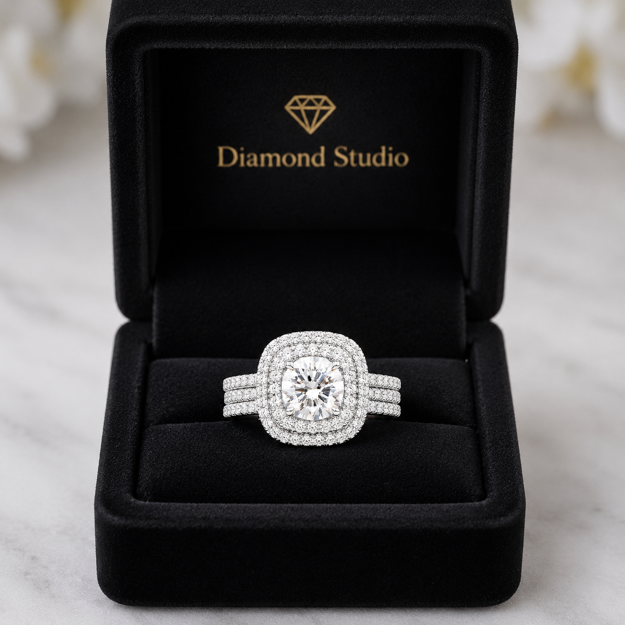 4.00 CT Round Cut Lab-Grown Diamond Double Halo Engagement Ring Set in 14K White Gold – Cushion Halo Bridal Design with Double Half Eternity Bands
