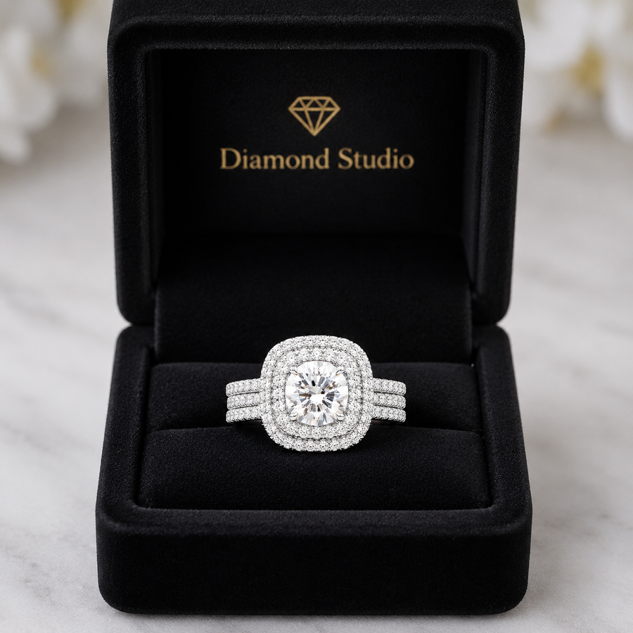 4.00 CT Round Cut Lab-Grown Diamond Double Halo Engagement Ring Set in 14K White Gold – Cushion Halo Bridal Design with Double Half Eternity Bands