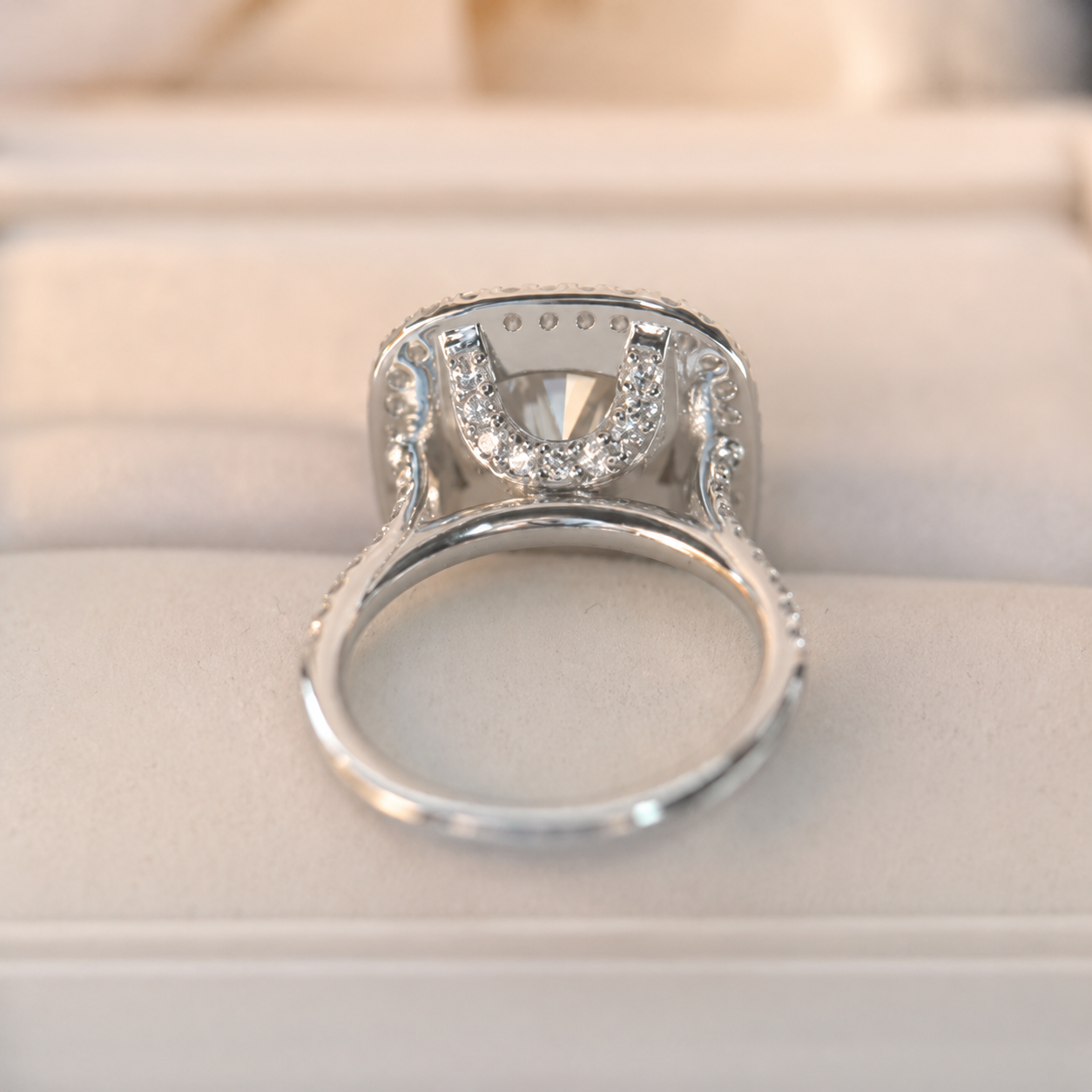 4.00 CT Round Cut Lab-Grown Diamond Double Halo Engagement Ring Set in 14K White Gold – Cushion Halo Bridal Design with Double Half Eternity Bands