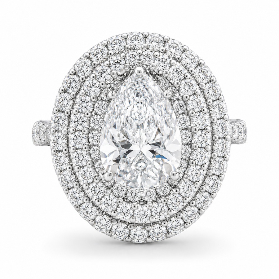 3.00 CT Pear Cut Lab-Grown Diamond Double Halo Engagement Ring in 14K White Gold – Pavé Halo Anniversary Design