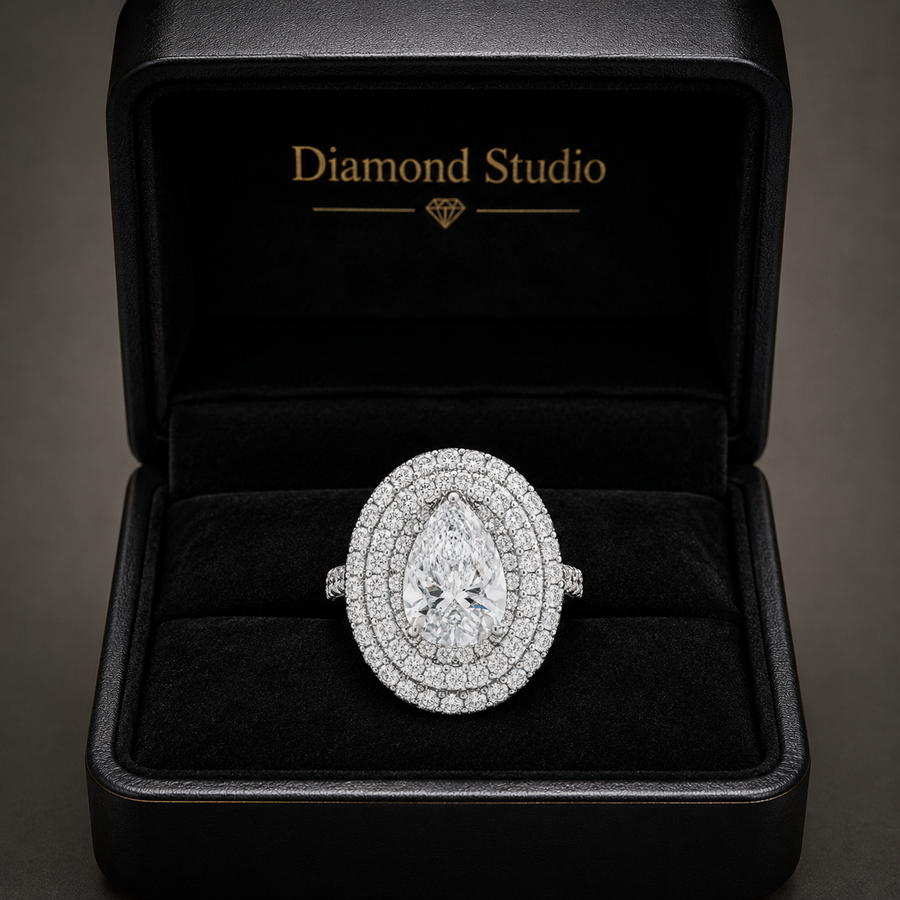 3.00 CT Pear Cut Lab-Grown Diamond Double Halo Engagement Ring in 14K White Gold – Pavé Halo Anniversary Design