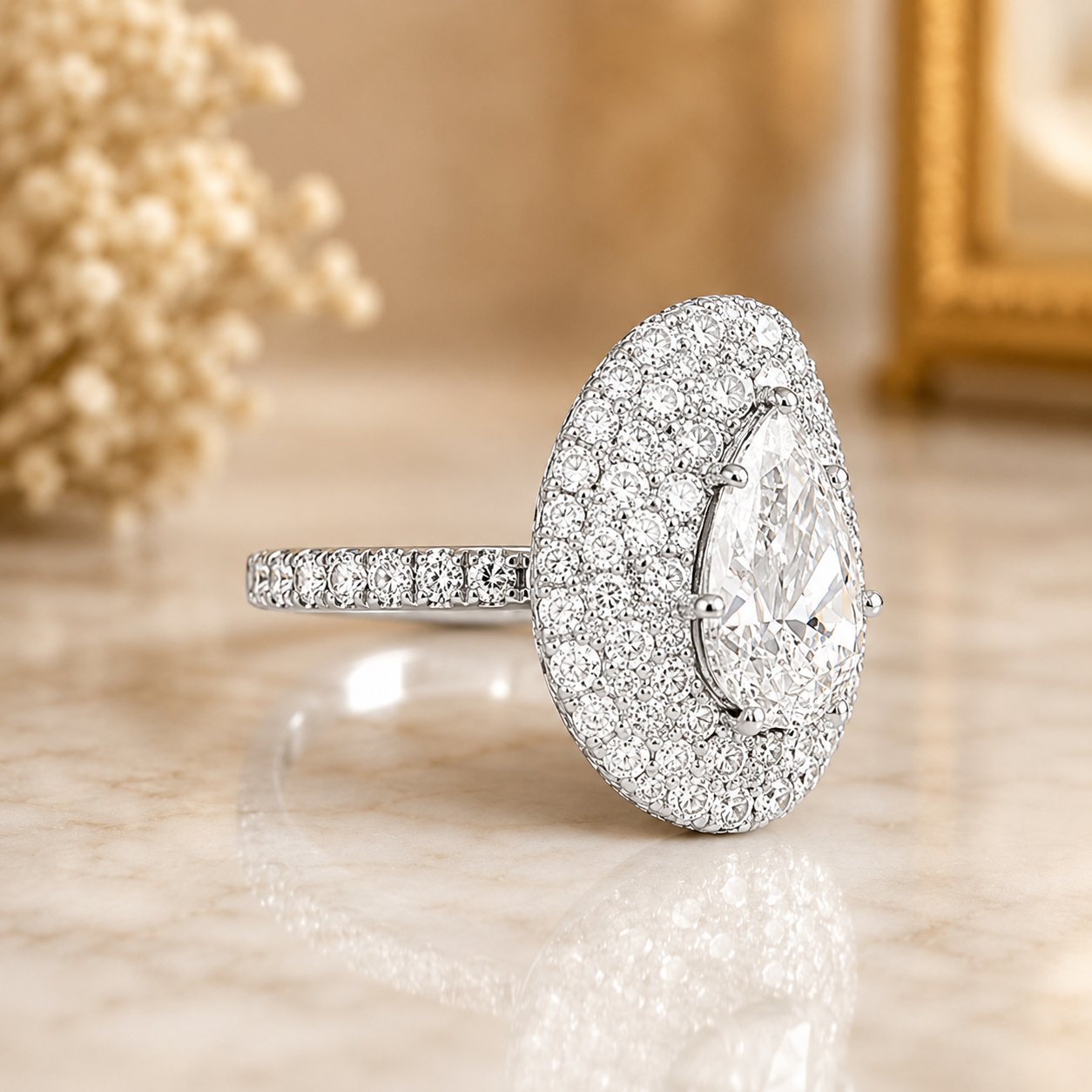 3.00 CT Pear Cut Lab-Grown Diamond Double Halo Engagement Ring in 14K White Gold – Pavé Halo Anniversary Design