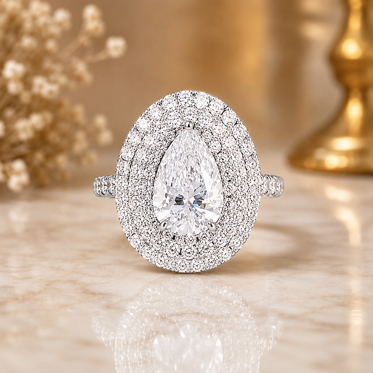 3.00 CT Pear Cut Lab-Grown Diamond Double Halo Engagement Ring in 14K White Gold – Pavé Halo Anniversary Design