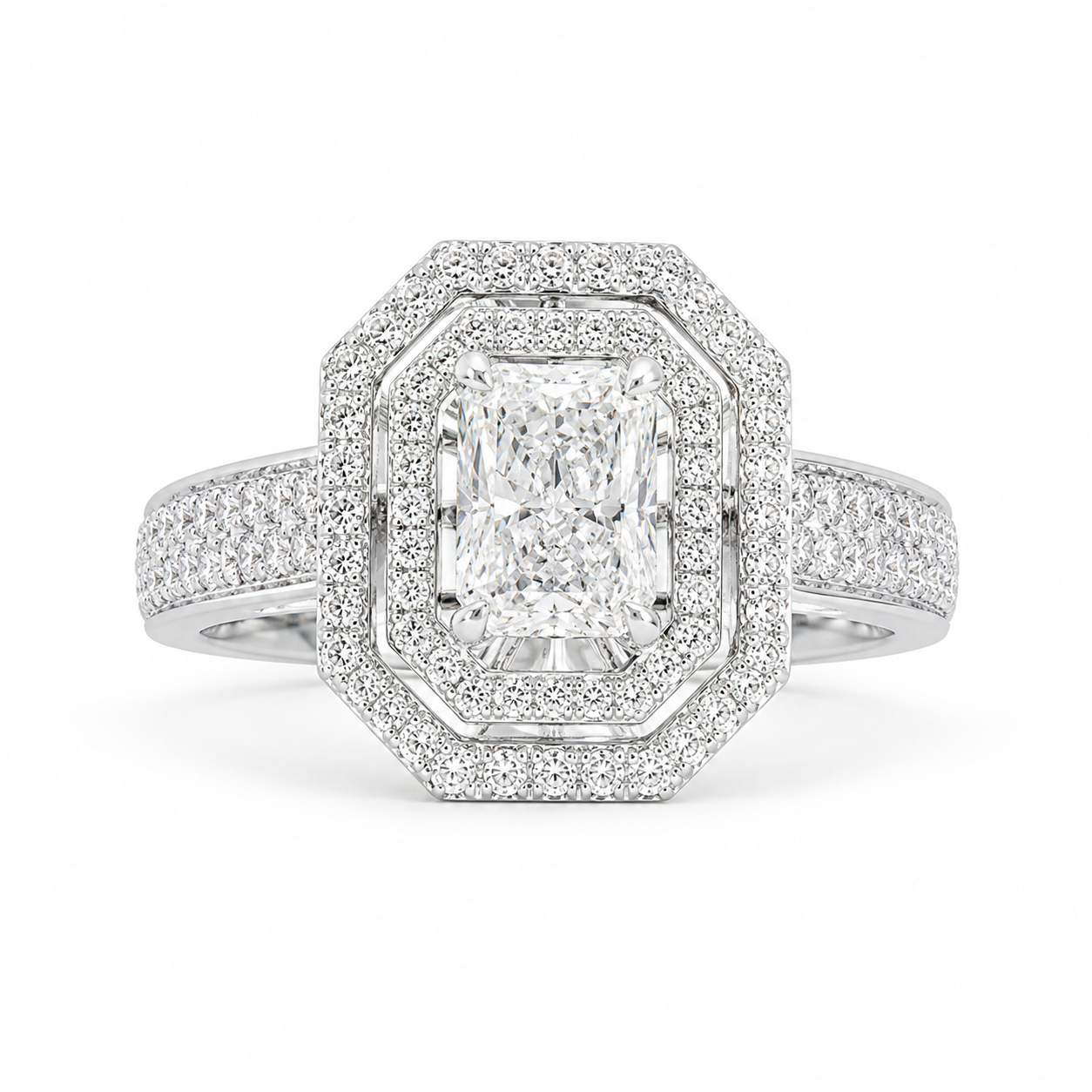 1.00 CT Radiant Cut Lab-Grown Diamond Double Halo Engagement Ring in 14K White Gold