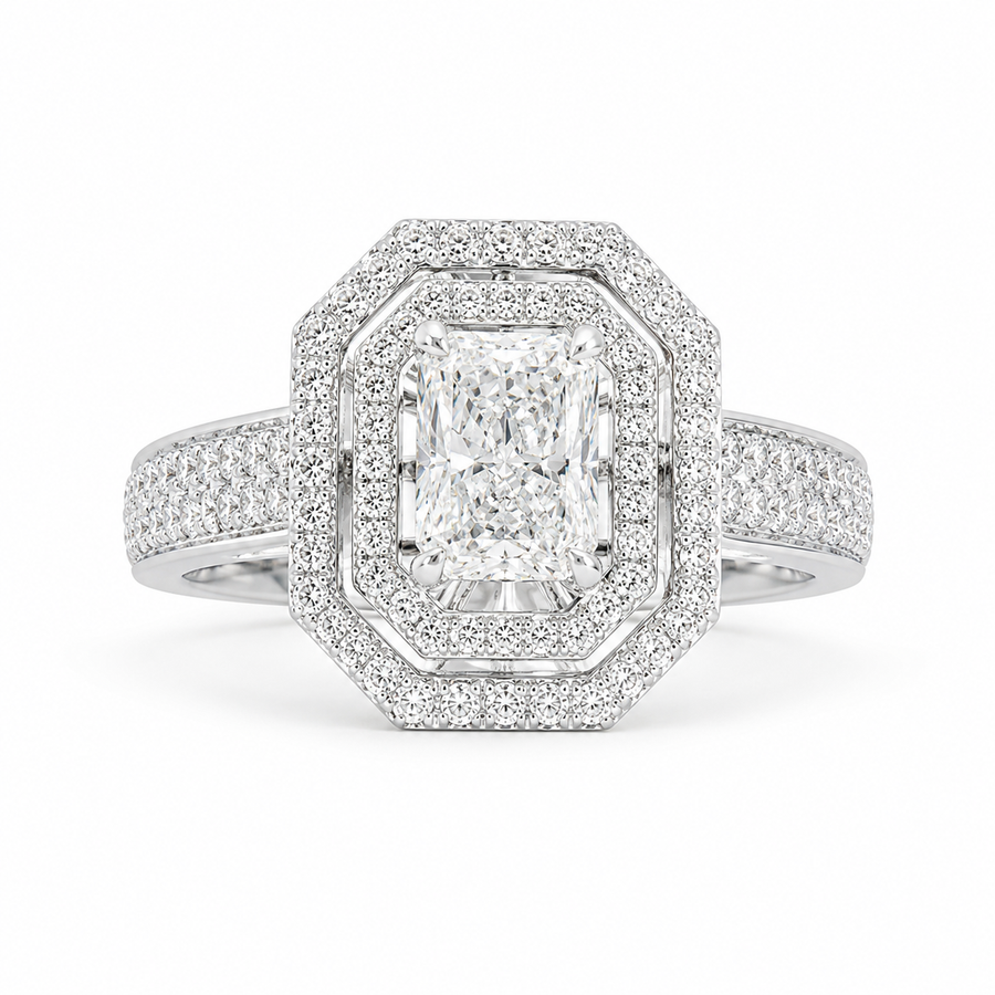 1.00 CT Radiant Cut Lab-Grown Diamond Double Halo Engagement Ring in 14K White Gold