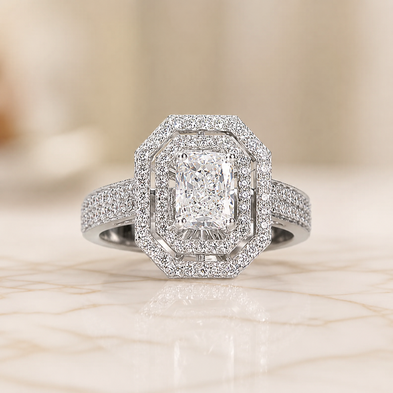 1.00 CT Radiant Cut Lab-Grown Diamond Double Halo Engagement Ring in 14K White Gold