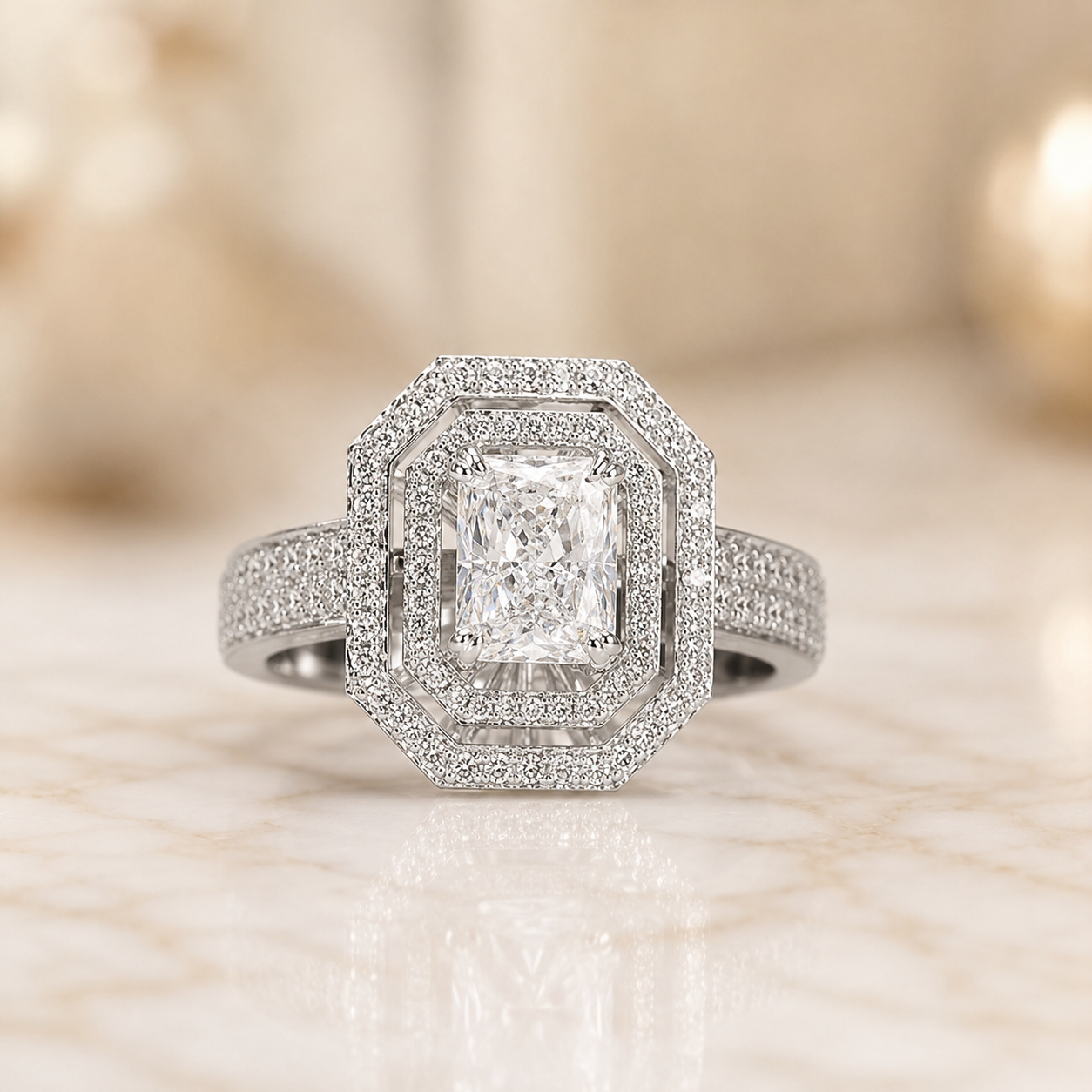 1.00 CT Radiant Cut Lab-Grown Diamond Double Halo Engagement Ring in 14K White Gold