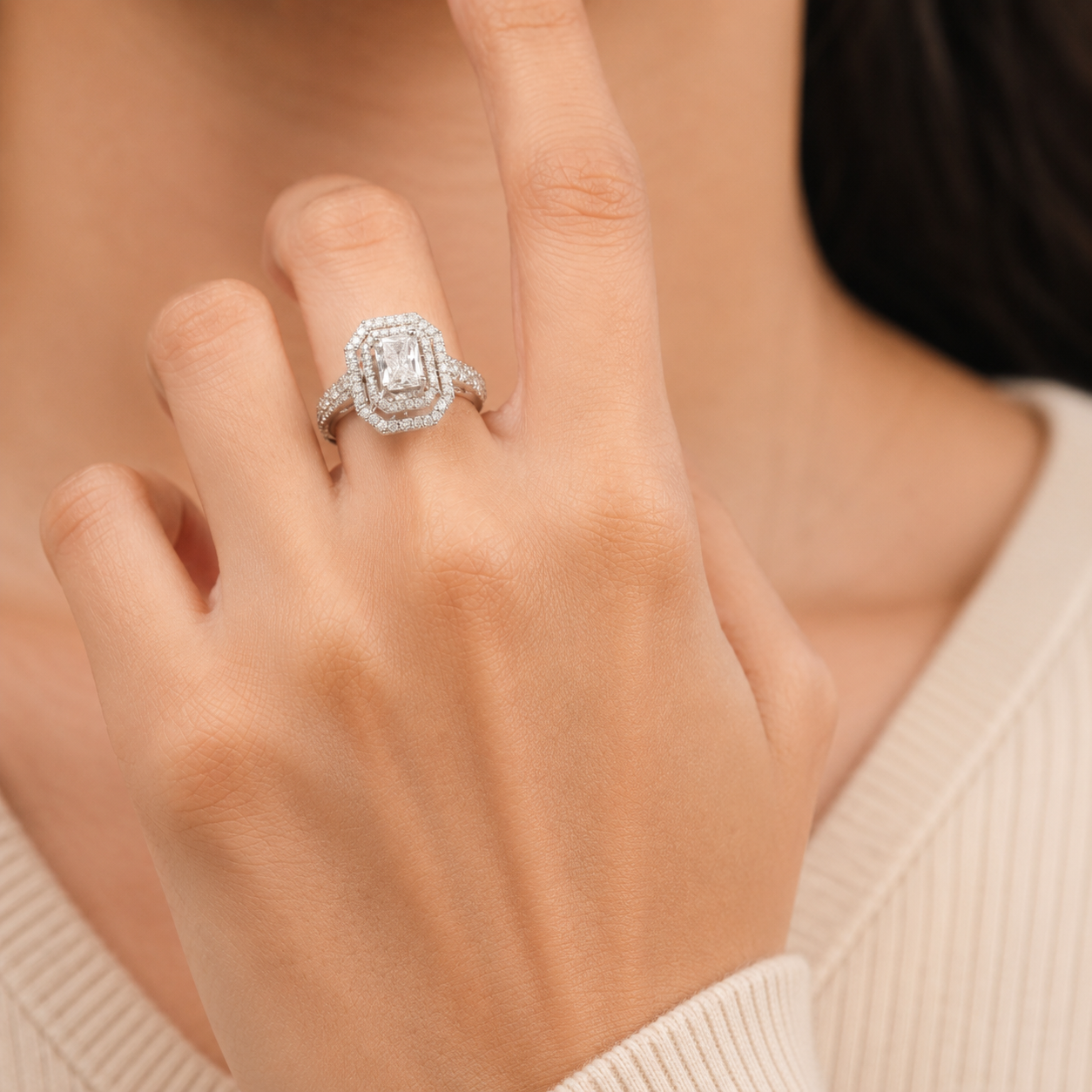 1.00 CT Radiant Cut Lab-Grown Diamond Double Halo Engagement Ring in 14K White Gold