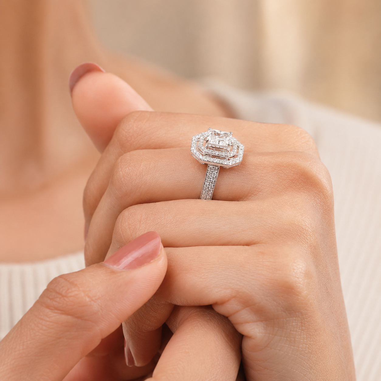 1.00 CT Radiant Cut Lab-Grown Diamond Double Halo Engagement Ring in 14K White Gold