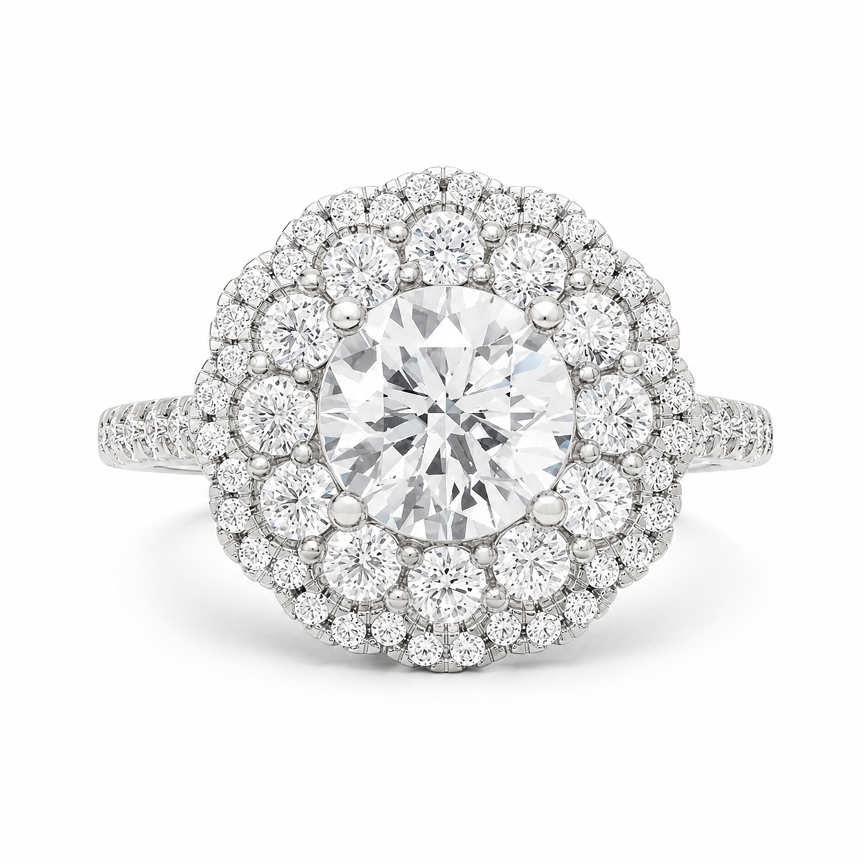 3.00 CT Round Lab-Grown Diamond Double Halo Engagement Ring in 14K White Gold – Pavé Bridal Design