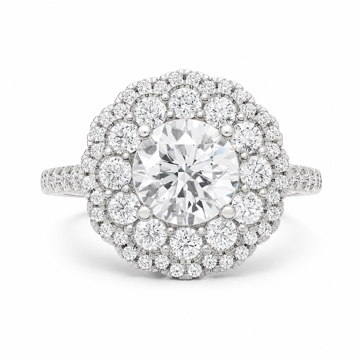 3.00 CT Round Lab-Grown Diamond Double Halo Engagement Ring in 14K White Gold â€“ PavÃ© Bridal Design from Diamond Studio