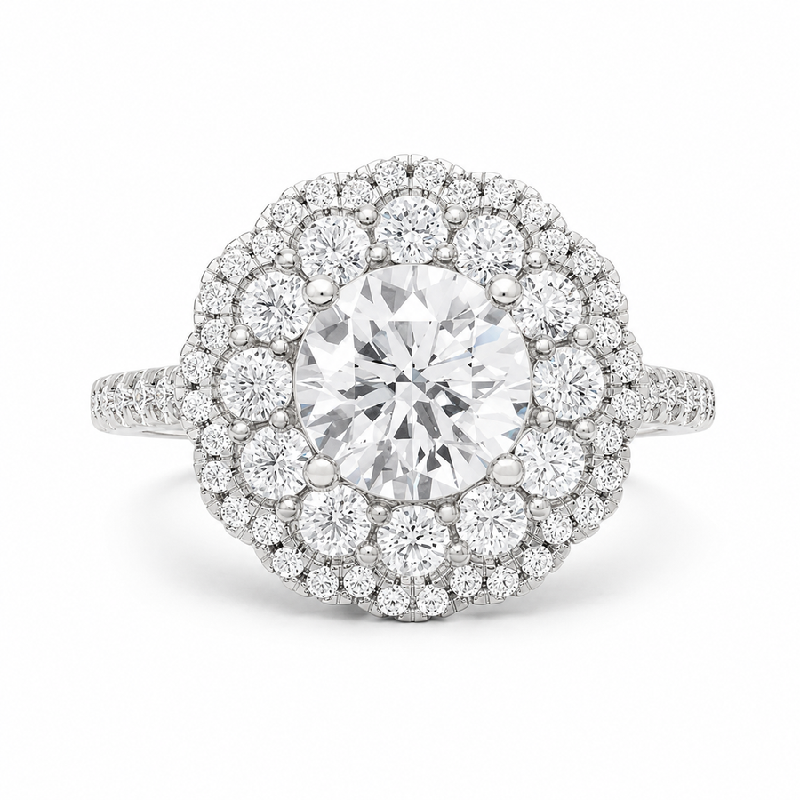 3.00 CT Round Lab-Grown Diamond Double Halo Engagement Ring in 14K White Gold – Pavé Bridal Design