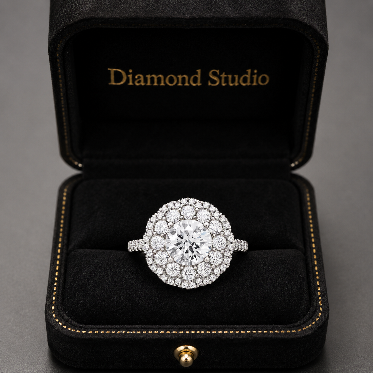 3.00 CT Round Lab-Grown Diamond Double Halo Engagement Ring in 14K White Gold – Pavé Bridal Design