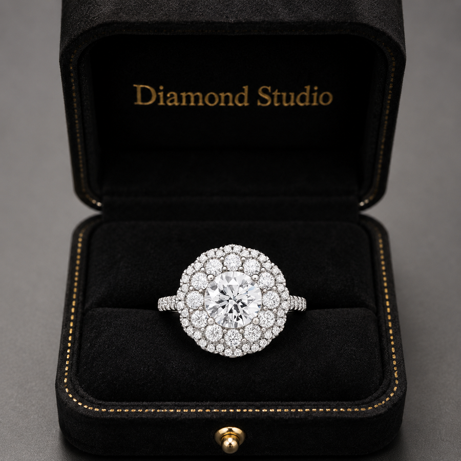 3.00 CT Round Lab-Grown Diamond Double Halo Engagement Ring in 14K White Gold – Pavé Bridal Design