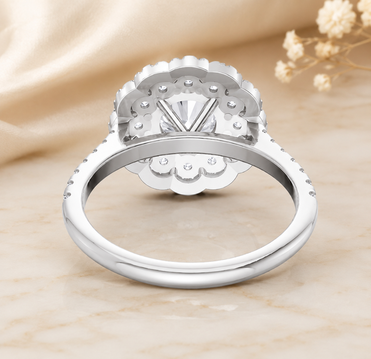 3.00 CT Round Lab-Grown Diamond Double Halo Engagement Ring in 14K White Gold – Pavé Bridal Design