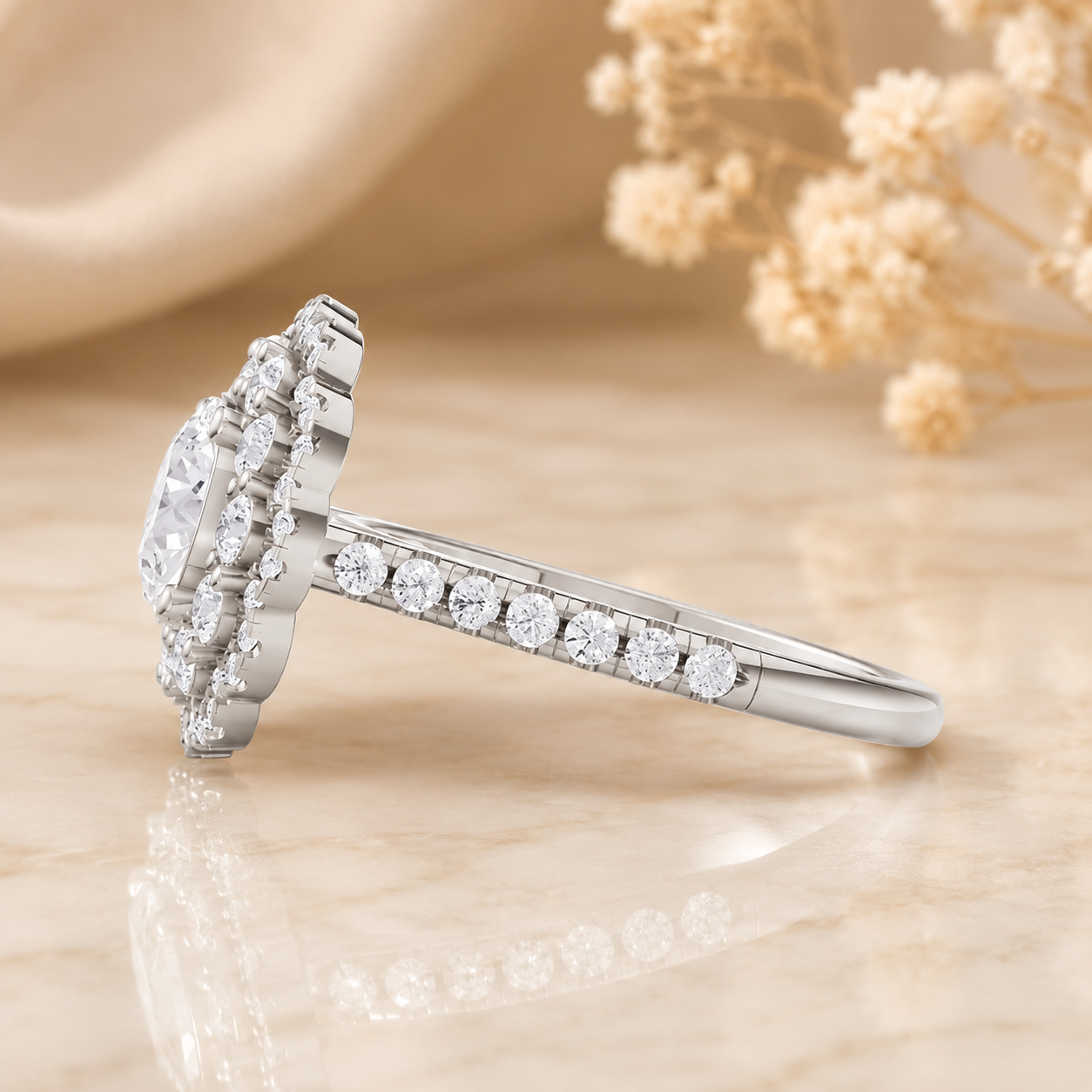 3.00 CT Round Lab-Grown Diamond Double Halo Engagement Ring in 14K White Gold – Pavé Bridal Design