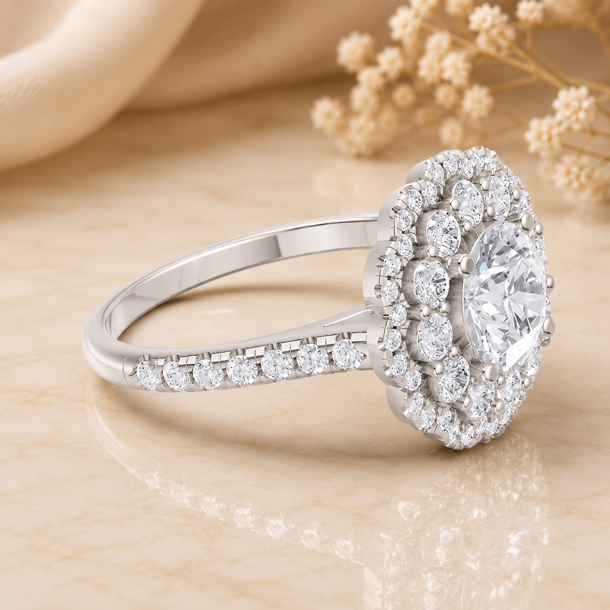 3.00 CT Round Lab-Grown Diamond Double Halo Engagement Ring in 14K White Gold – Pavé Bridal Design