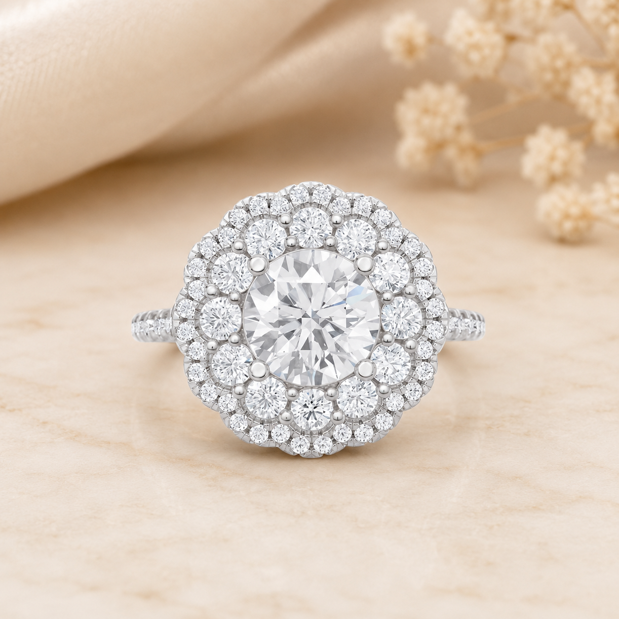 3.00 CT Round Lab-Grown Diamond Double Halo Engagement Ring in 14K White Gold – Pavé Bridal Design