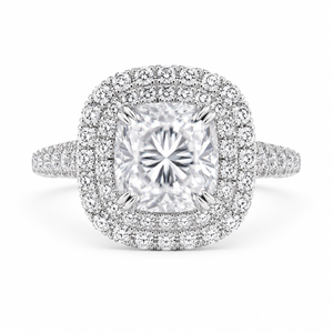2.15 CT Cushion Cut Lab-Grown Diamond Double Halo Engagement Ring in 14K White Gold – Split Shank Pavé Bridal Design