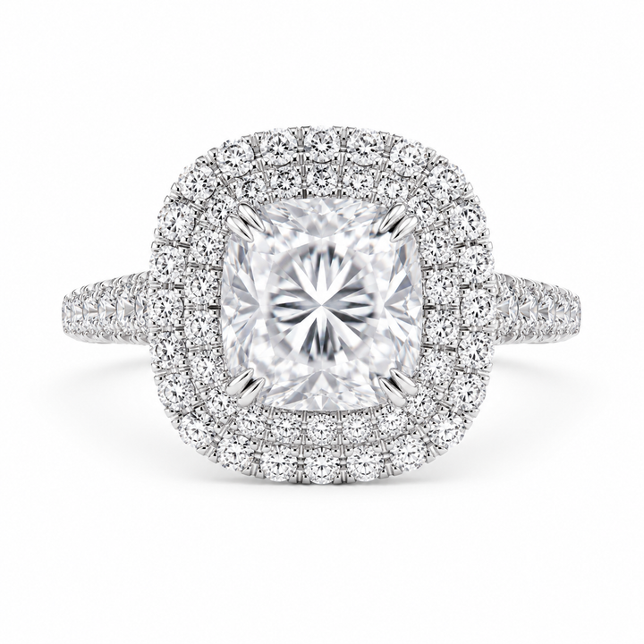 2.15 CT Cushion Cut Lab-Grown Diamond Double Halo Engagement Ring in 14K White Gold â€“ Split Shank PavÃ© Bridal Design from Diamond Studio