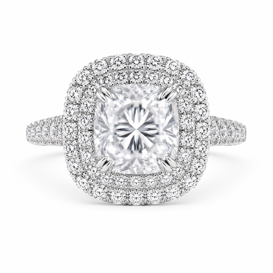 2.15 CT Cushion Cut Lab-Grown Diamond Double Halo Engagement Ring in 14K White Gold – Split Shank Pavé Bridal Design