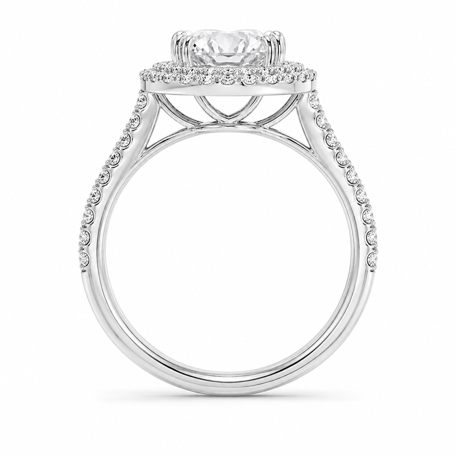 2.15 CT Cushion Cut Lab-Grown Diamond Double Halo Engagement Ring in 14K White Gold – Split Shank Pavé Bridal Design