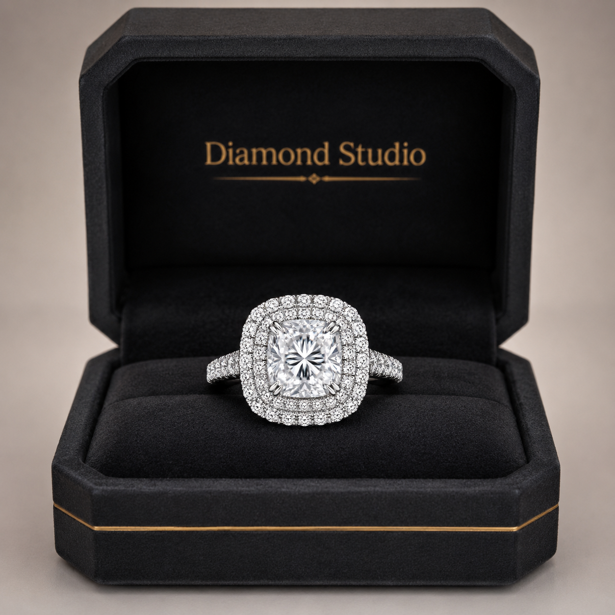 2.15 CT Cushion Cut Lab-Grown Diamond Double Halo Engagement Ring in 14K White Gold – Split Shank Pavé Bridal Design