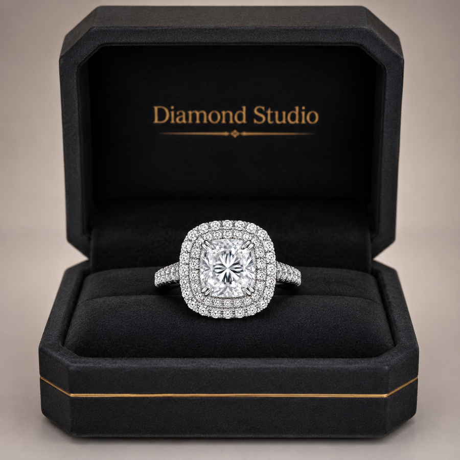 2.15 CT Cushion Cut Lab-Grown Diamond Double Halo Engagement Ring in 14K White Gold – Split Shank Pavé Bridal Design