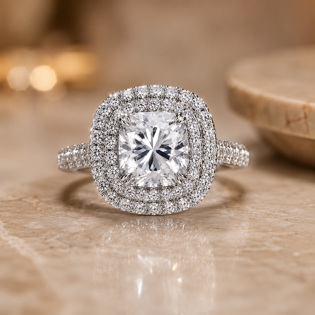 2.15 CT Cushion Cut Lab-Grown Diamond Double Halo Engagement Ring in 14K White Gold – Split Shank Pavé Bridal Design