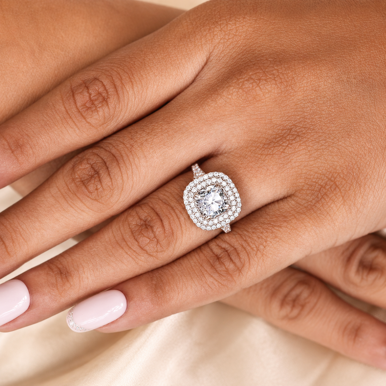 2.15 CT Cushion Cut Lab-Grown Diamond Double Halo Engagement Ring in 14K White Gold – Split Shank Pavé Bridal Design