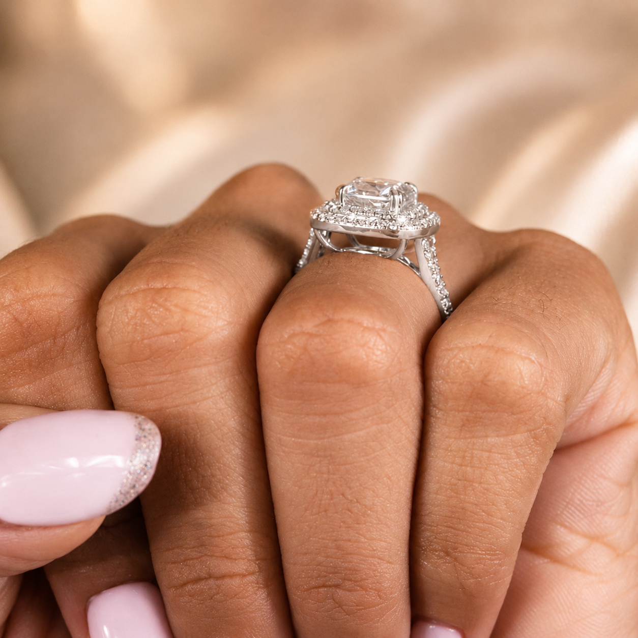 2.15 CT Cushion Cut Lab-Grown Diamond Double Halo Engagement Ring in 14K White Gold – Split Shank Pavé Bridal Design