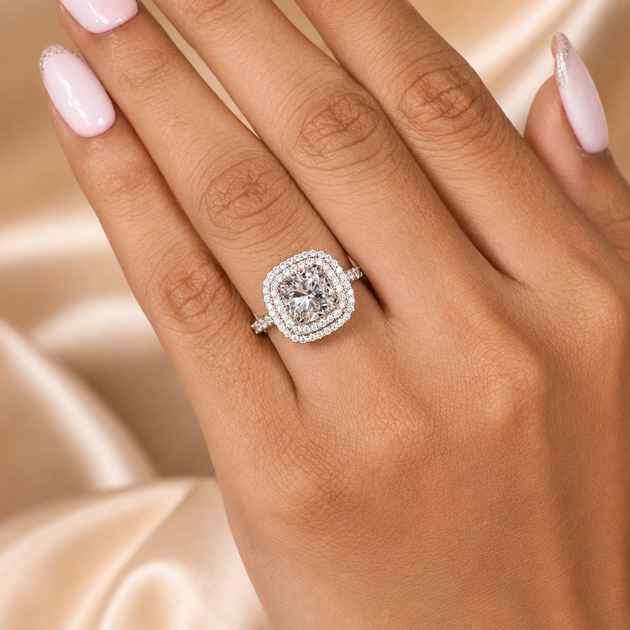 2.15 CT Cushion Cut Lab-Grown Diamond Double Halo Engagement Ring in 14K White Gold – Split Shank Pavé Bridal Design