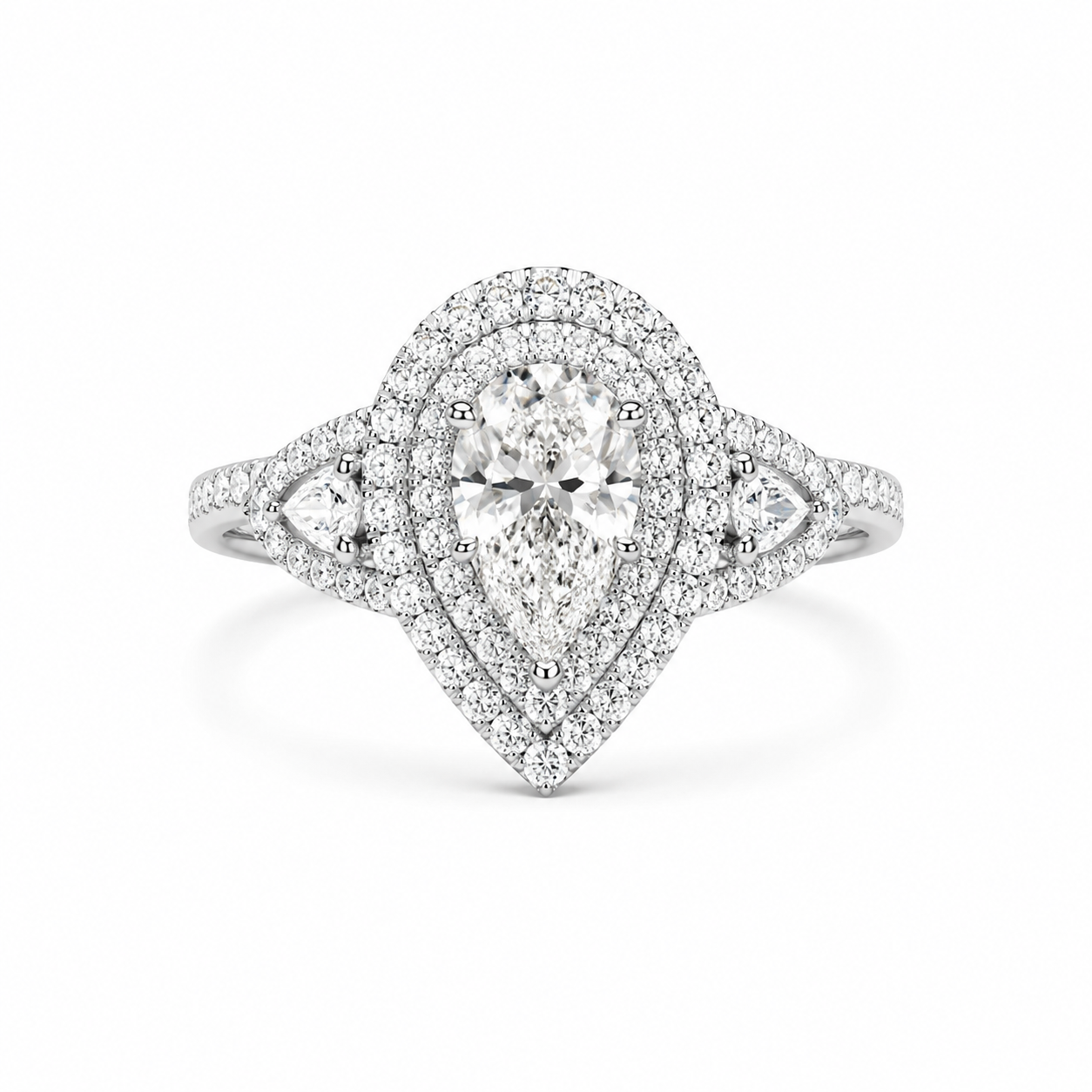 2.00 CT Pear Cut Lab-Grown Diamond Double Halo Engagement Ring in 14K White Gold – Stackable Comfort Fit Bridal Design
