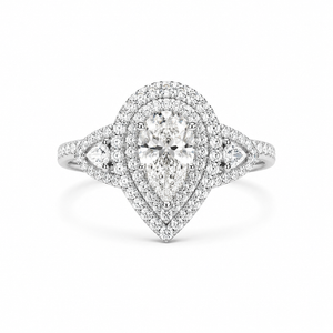 2.00 CT Pear Cut Lab-Grown Diamond Double Halo Engagement Ring in 14K White Gold – Stackable Comfort Fit Bridal Design