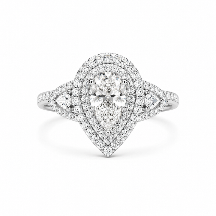 2.00 CT Pear Cut Lab-Grown Diamond Double Halo Engagement Ring in 14K White Gold â€“ Stackable Comfort Fit Bridal Design from Diamond Studio