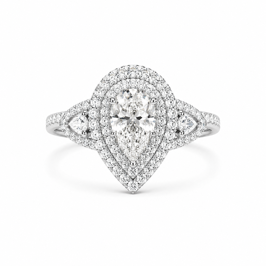 2.00 CT Pear Cut Lab-Grown Diamond Double Halo Engagement Ring in 14K White Gold – Stackable Comfort Fit Bridal Design