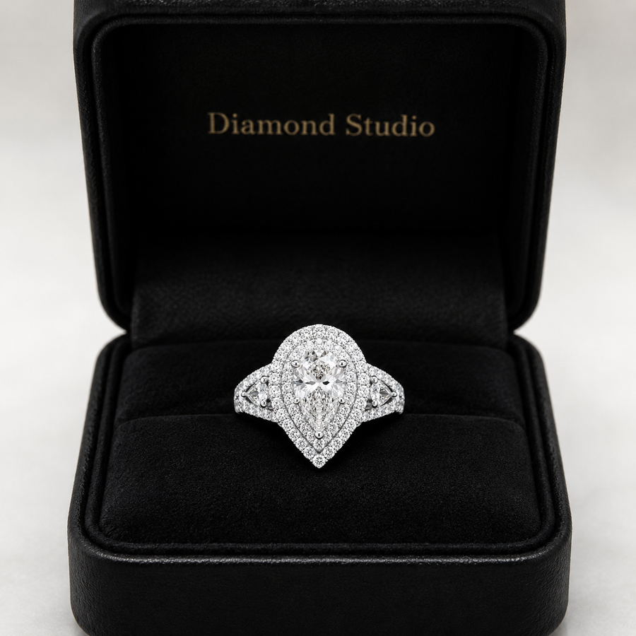 2.00 CT Pear Cut Lab-Grown Diamond Double Halo Engagement Ring in 14K White Gold – Stackable Comfort Fit Bridal Design