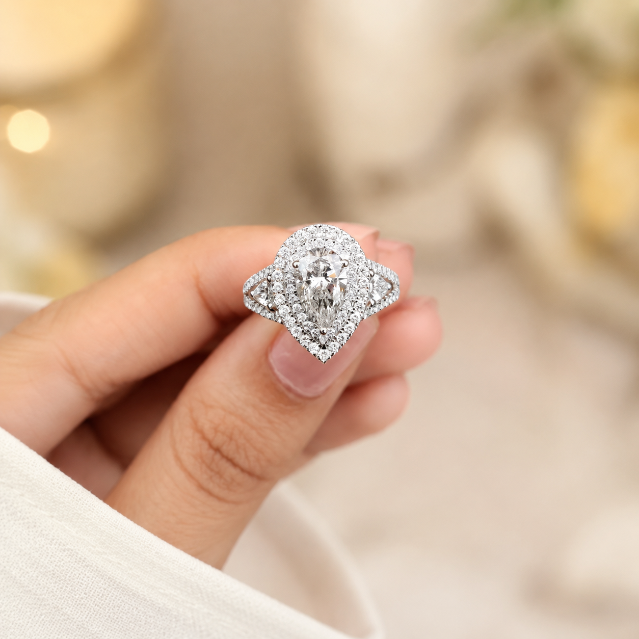 2.00 CT Pear Cut Lab-Grown Diamond Double Halo Engagement Ring in 14K White Gold – Stackable Comfort Fit Bridal Design