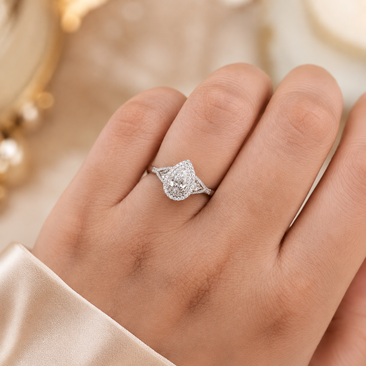 2.00 CT Pear Cut Lab-Grown Diamond Double Halo Engagement Ring in 14K White Gold – Stackable Comfort Fit Bridal Design