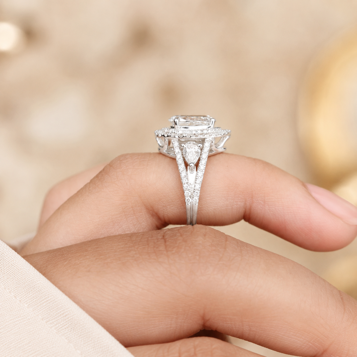 2.00 CT Pear Cut Lab-Grown Diamond Double Halo Engagement Ring in 14K White Gold – Stackable Comfort Fit Bridal Design