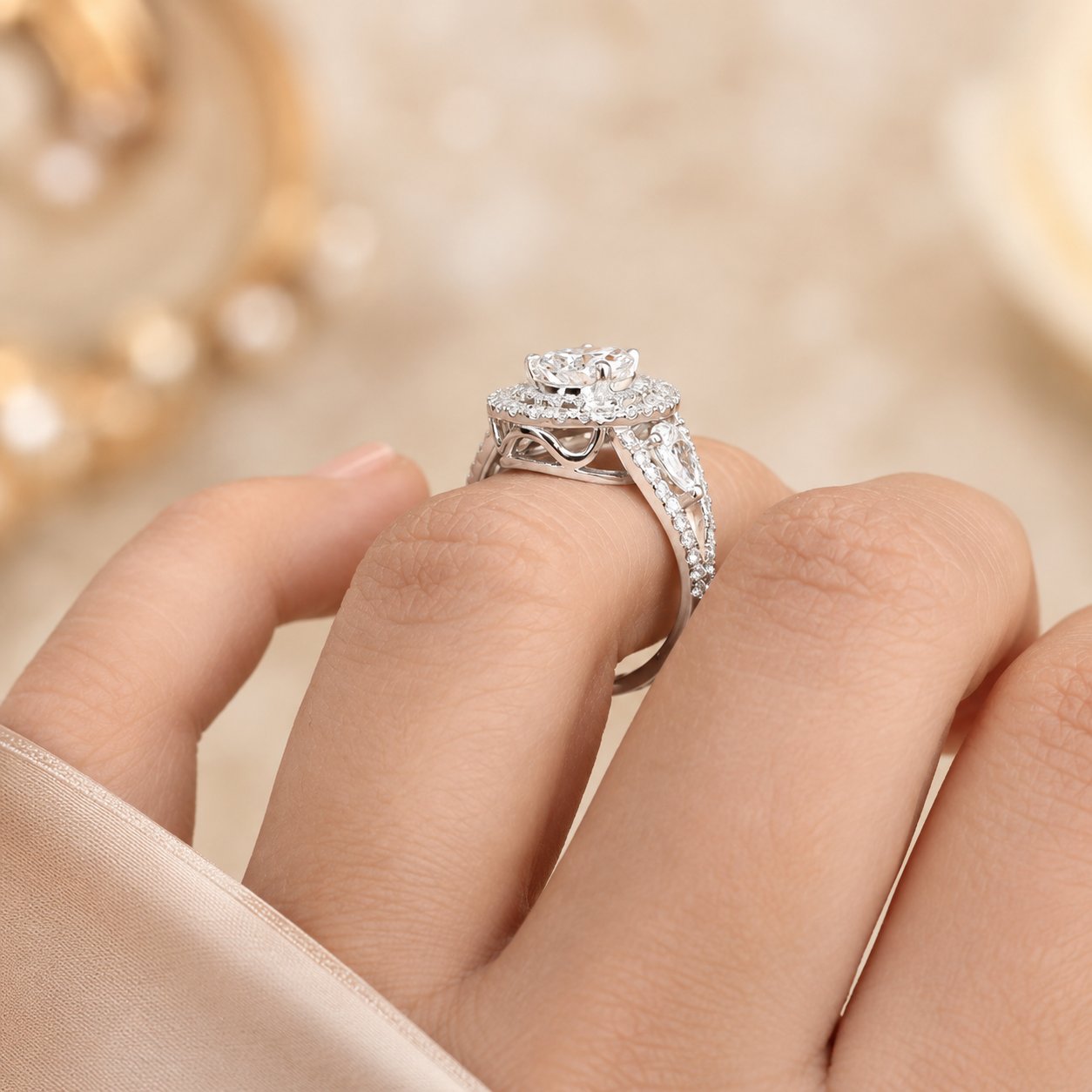 2.00 CT Pear Cut Lab-Grown Diamond Double Halo Engagement Ring in 14K White Gold – Stackable Comfort Fit Bridal Design