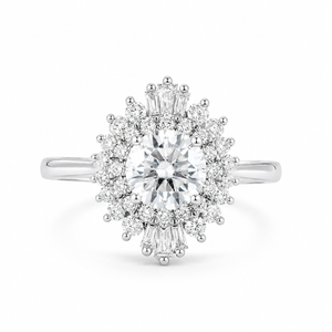 1.50 CT Vintage Round Lab-Grown Diamond Double Halo Engagement Ring in 14K White Gold – Art Deco Baguette Design