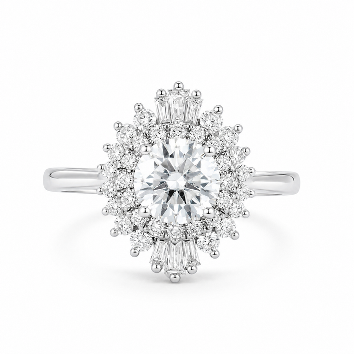 1.50 CT Vintage Round Lab-Grown Diamond Double Halo Engagement Ring in 14K White Gold â€“ Art Deco Baguette Design from Diamond Studio