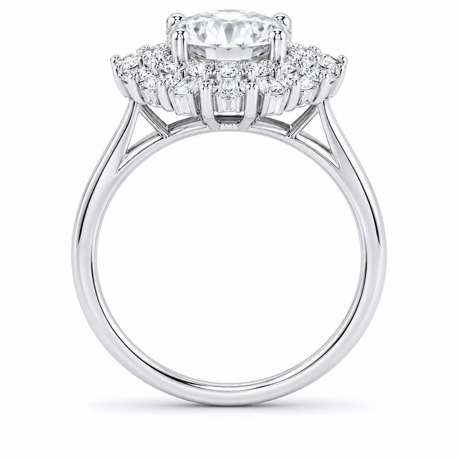 1.50 CT Vintage Round Lab-Grown Diamond Double Halo Engagement Ring in 14K White Gold – Art Deco Baguette Design