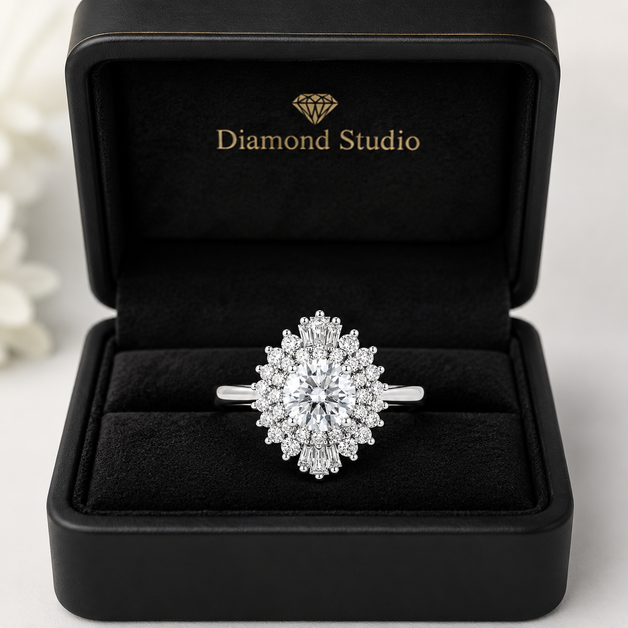 1.50 CT Vintage Round Lab-Grown Diamond Double Halo Engagement Ring in 14K White Gold – Art Deco Baguette Design