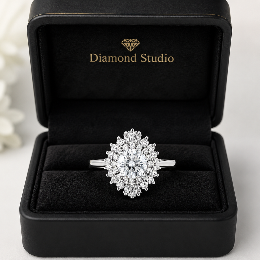 1.50 CT Vintage Round Lab-Grown Diamond Double Halo Engagement Ring in 14K White Gold – Art Deco Baguette Design