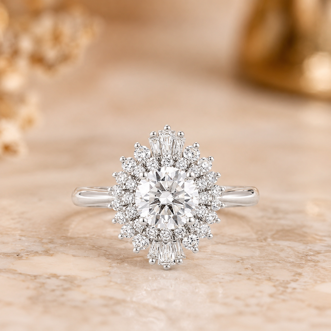 1.50 CT Vintage Round Lab-Grown Diamond Double Halo Engagement Ring in 14K White Gold – Art Deco Baguette Design
