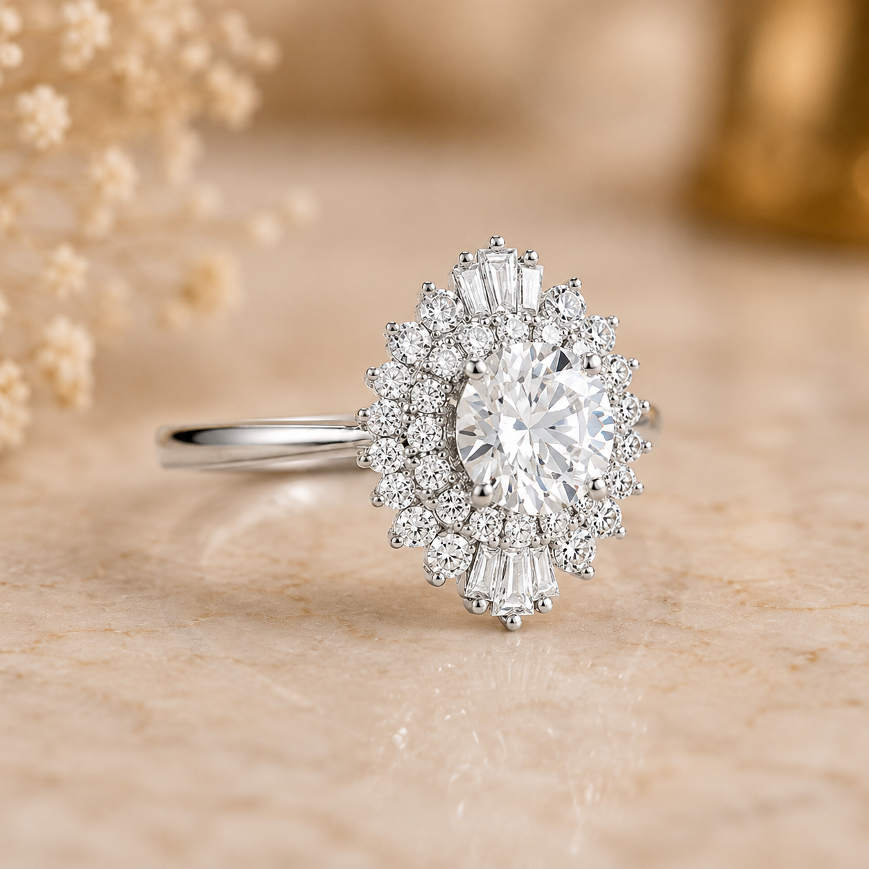 1.50 CT Vintage Round Lab-Grown Diamond Double Halo Engagement Ring in 14K White Gold – Art Deco Baguette Design