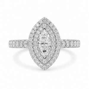 1.00 CT Marquise Cut Lab-Grown Diamond Double Halo Engagement Ring in 14K White Gold – Vintage Inspired Design